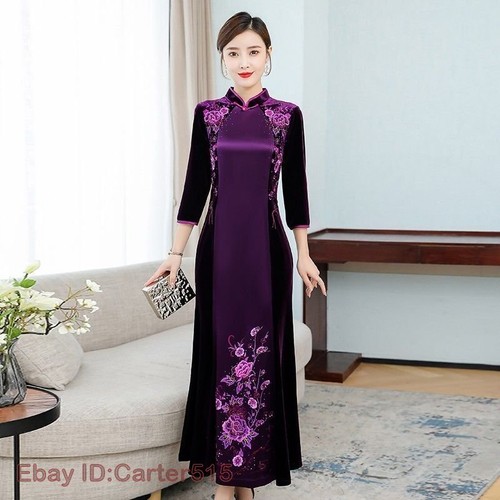 Women Chinese Fashion Floral Mandarin Collar Frog Button Long Qipao Dress - Picture 1 of 8