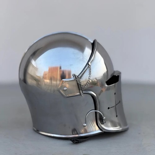 Elmetto Cavaliere Barbuta Medievale Acciaio Lucido LARP Cosplay Nuovo con Supporto - Foto 4 di 9