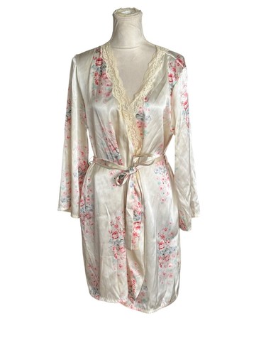 Vinatge Victoria's Secret Pink Floral Satin Kimono Robe Lace Trim Tie Waist READ