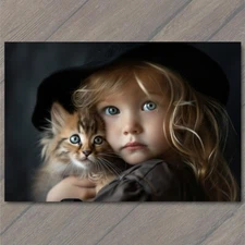 Art Print Girl Cat Blue Eyes Pet Old Vibe Unusual Cute Beautiful Strange Fun