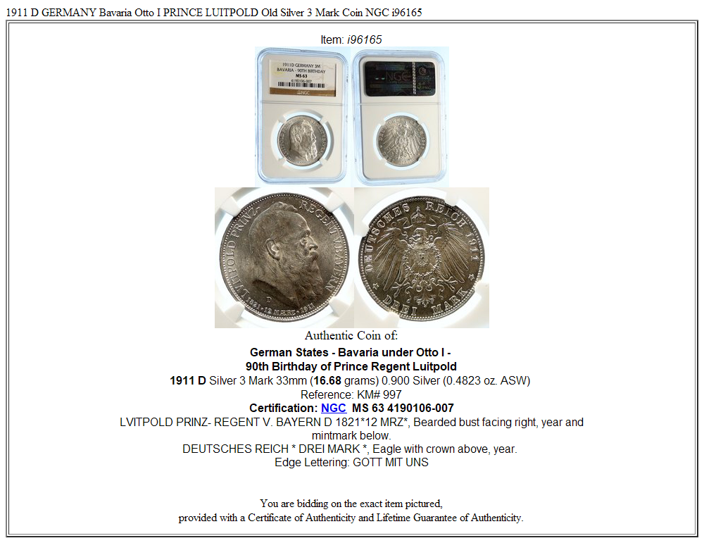 1911 D GERMANY Bavaria Otto I PRINCE LUITPOLD Old Silver 3