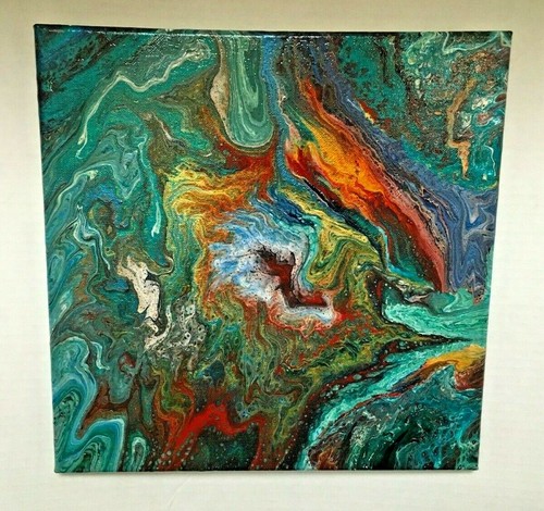 Acrylic Fluid Art Pour Painting Canvas 12" x 12" Abstract Flow Art Modern Art - Picture 3 of 4