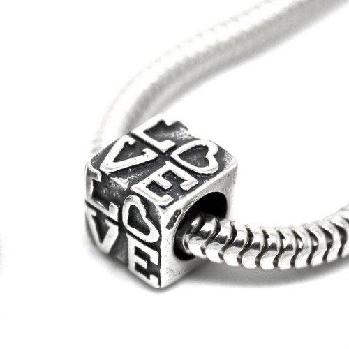 LOVE carved in cube-Heart- Genuine Solid 925 sterling silver European charm bead - Picture 1 of 2