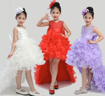 Childrens Girls Rhinestone Beaded Elegant Ruffled Ball Gown Dress Long-Train ZG9
