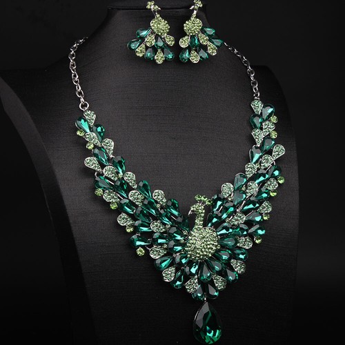 Women Crystal Necklace Earring Jewelry Set Wedding Party Peacock Pendant Choker - Picture 22 of 55