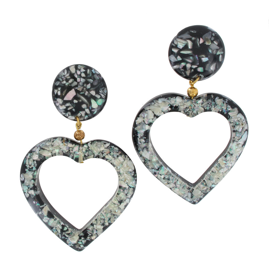 "Vintage Large Mother of Pearl Black Lucite Heart Dangle Earrings Pierced 2 3/4\""