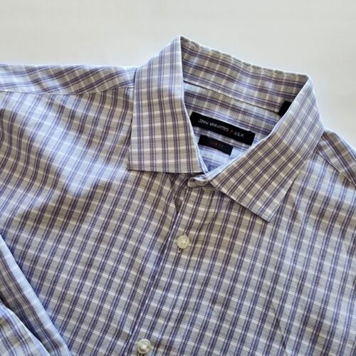 John Varvatos Slim Fit purple white plaid button front shirt mens size 16 34/35