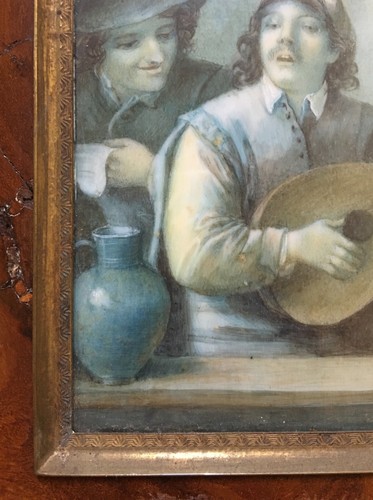 Miniature ancienne signée, Joueur de mandoline, Scène de taverne, Peinture, XIXe - Photo 7 sur 8