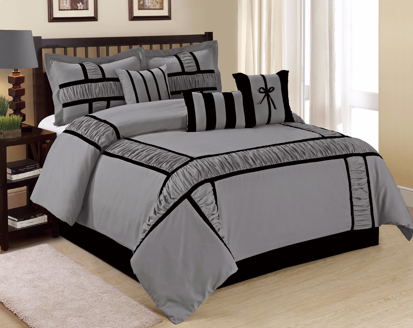7 Piece Marma Ruffle Patchwork Comforter Sets Grey Navyblue