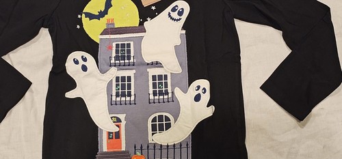 Mini Boden Halloween Shirt Ghost Applique Black NWT New 7-8 - Picture 2 of 6