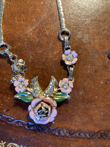 Vintage goldfarbene Kristall Strass Rose Floral Halskette 9"