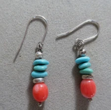 KINGMAN TURQUOISE & CORAL  1.5" EARRINGS .925 BEADS & EAR WIRES  5TCW  #766