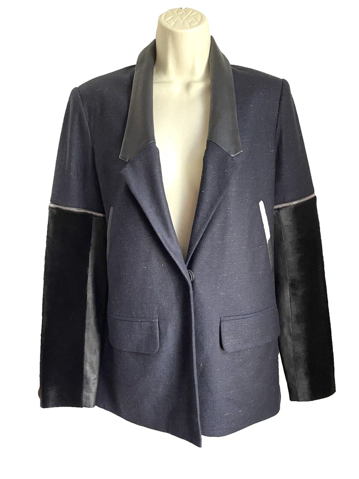 Chaqueta Blazer Yigal Azrouel 4 Azul Negro Piel de Cordero Pelo de Poni Borde a Presión Único Foto 2 de 4