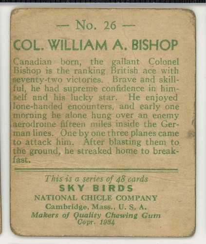 Sky Birds Card R136 National Chicle R136 1934 No 26 Col William A Bishop Nice - Picture 2 of 2