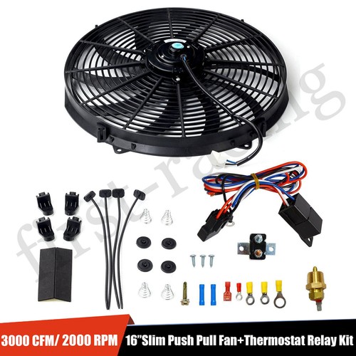 16"ELECTRIC RADIATOR FAN HIGH 3000 CFM THERMOSTAT WIRING SWITCH RELAY KIT BLACK - Picture 1 of 12