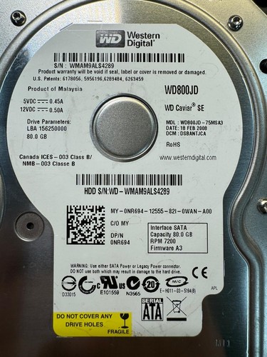 DELL NR694 WD800JD-75MSA3 80GB 7.2K RPM 8MB Cache 1.5 Gb/s SATA 3.5" HDD - Picture 3 of 17