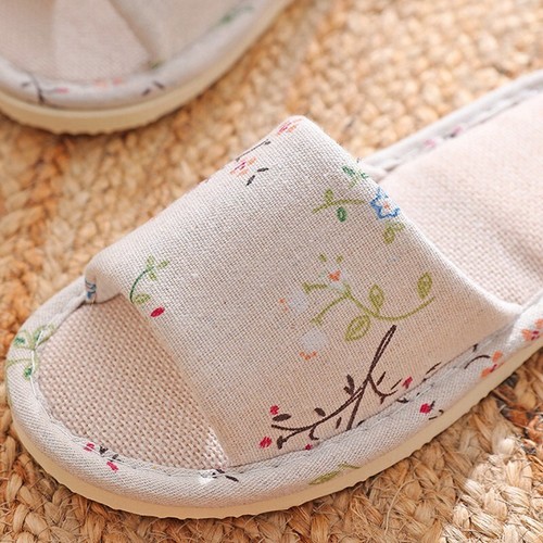 Women Men Home Anti-slip Cotton Linen Floral Shoes Indoor Open Toe Flat Slippers - Picture 5 of 15