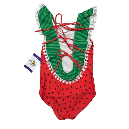 Watermelon Ruffle Swimsuit Girls Size 3X 8/9 One Piece Tie Back Ric Rac Trim - Picture 11 of 12