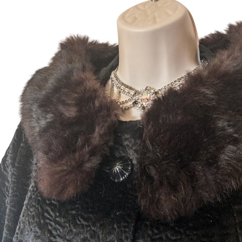 Warm Black Velvet Vintage Faux Lamb Fur Real Mink Collar Coat 1950s Jacket Small - Picture 5 of 12