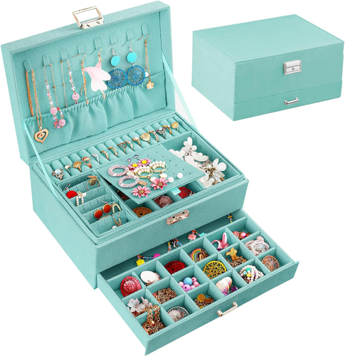 Jewelry Boxes for Women, Black Velvet Organizer with Lock, Earring & Necklace Ho - Picture 12 of 21