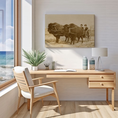 Early 1900s Bison Buffalo Cart Western Americana Cowboy Sepia Canvas Wrap Print - Picture 2 of 6