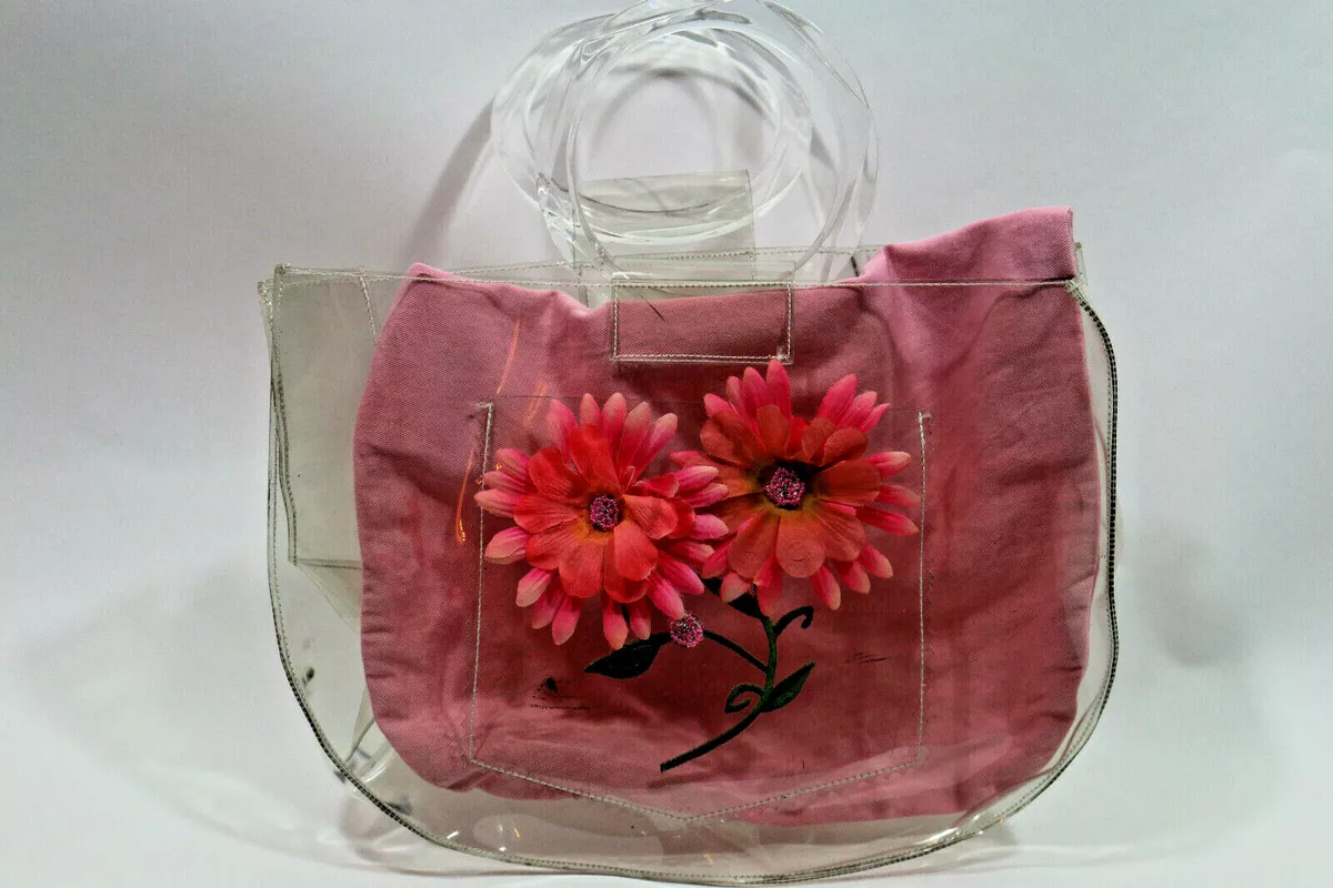 BEBE Clear Purse Tote Pink Plastic Bag Transparent Flower
