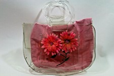 BEBE Clear Purse Tote Pink Plastic Bag Transparent Flower Embroidery Trendy 