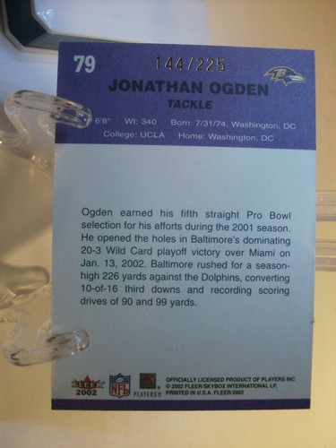 2002 Fleer Tradition Tiffany Football Card #79 Jonathan Ogden 144/225 (85274) - Picture 2 of 2