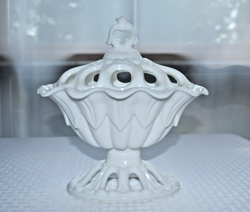 VTG MILK GLASS Footed & Reticulated URN & LID - Oval Shape