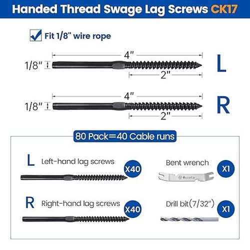 Muzata 1/8" Black Swage Lag Screws Left & Right Cable Railing Hardware Kit CK17 - Picture 52 of 56