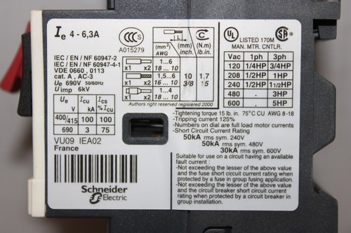 TELEMECANIQUE MANUAL MOTOR STARTER LC1D09 W/ GV2ME10/4.3-6A 600V 7.5HP 25A - Picture 8 of 9