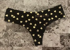 NWT VICTORIA'S SECRET PINK BLACK GOLD FOIL HEART LACE NO SHOW THONG PANTIES