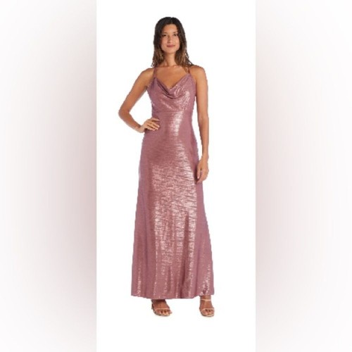 Maxi Abito Morgan & Co Taglia 9 Malva Metallizzato Shimmer Regolabile Spaghetti Strap - Foto 1 di 15