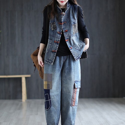 Women Denim Waistcoat Top Gilet Vest Loose Casual Ethnic Frog Button Retro Black - Picture 9 of 14