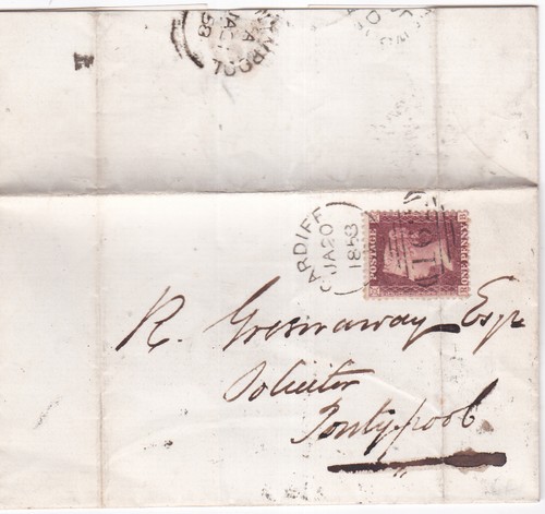 1858 QV 1d PENNY RED STAMP CREASE ON WRAPPER CARDIFF SIDEWAYS TO PONTYPOOL