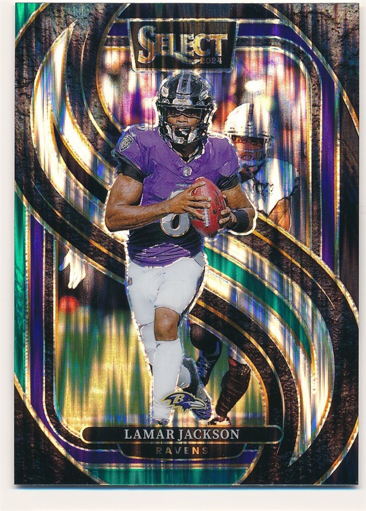 LAMAR JACKSON 2024 PANINI SELECT PREMIER LEVEL SHOCK PRIZM GREEN PURPLE #121