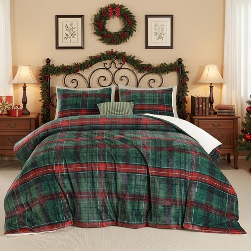 Christmas Full Size Comforter Sets, Flannel Comforter with Green Plaid, Soft ... - Bild 4 von 9
