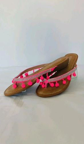 Ladies Sandals Size 5 Flip Flop Toe Piece Pink Diamante Pom Poms Cushioned Flat - Picture 3 of 17