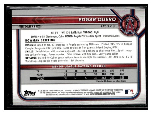 2022 Bowman #BCP-123 Edgar Quero Chrome Prospects 1st Los Angeles Angels - Bild 2 von 2