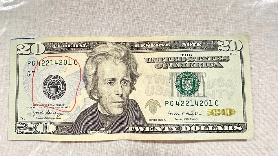  2017A Error $20 Twenty Dollar Bill Fancy Serial Number/Seal Ink Bleed  - Image 2 of 4