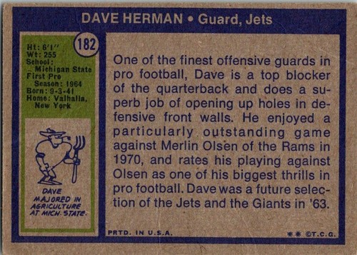 1972 Topps #182 Dave Herman - Picture 2 of 2