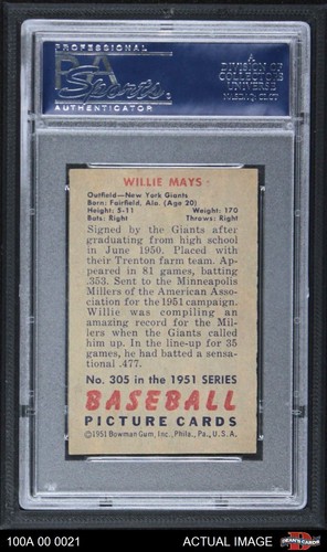 1951 Bowman #305 Willie Mays Giants RC HOF ROYw PSA 6.5 - EX/MT+ - Picture 2 of 2