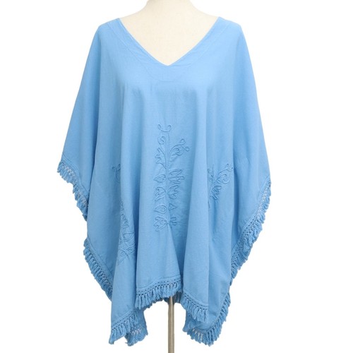 NWT Giocam Peruvian Cotton Kaftan One XL Blue Embroidered Fringe Tunic Coverup