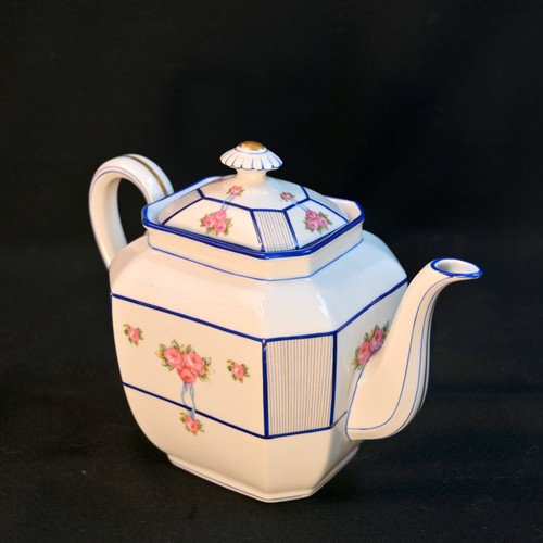 Limoges T&V Teapot Hand Painted Blue & Gold Stripes Rose Floral w/Ribbons 1907 - Picture 8 of 22