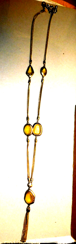 Chico's~X-Long 3Chain Goldtone & Yellow Facet Lucite Bezel Necklace With Tassels - Picture 3 of 23