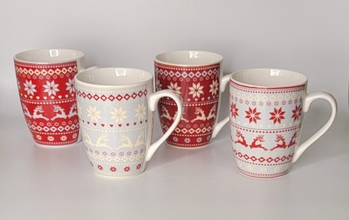 Aynsley Fairisle Christmas Mugs Winter Red White Gray Discontinued Set Of 4 - Picture 2 of 8