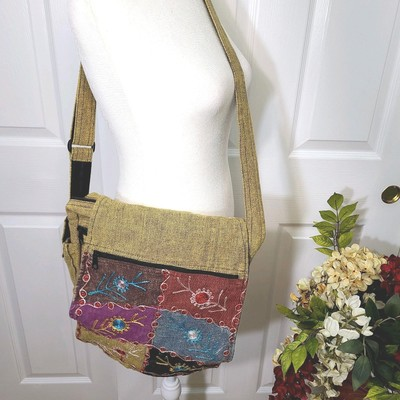 #ad Stonewashed Embroidered Crossbody Messenger Bag Cotton Multicolor Boho Hippie