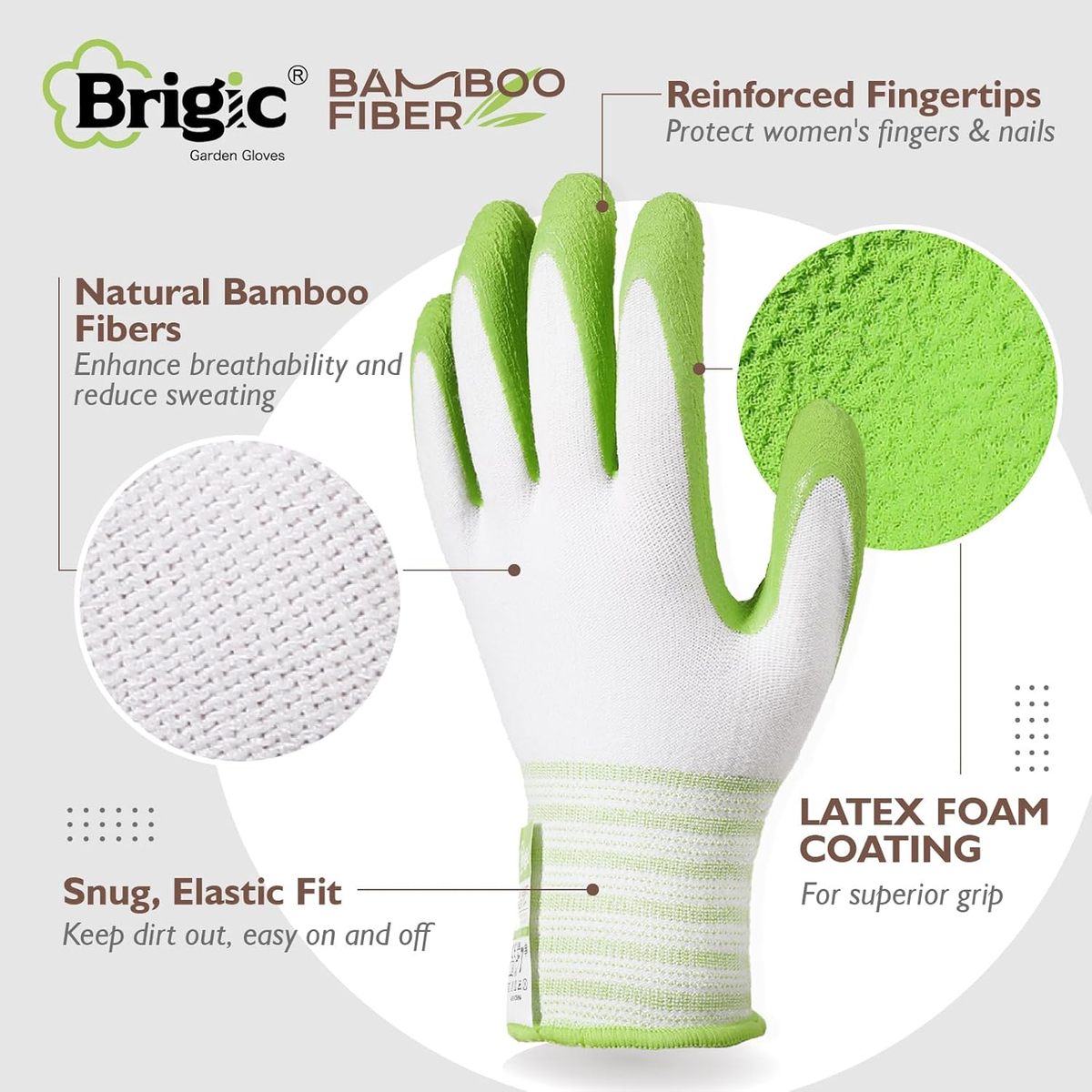 Gardening Gloves, Bamboo Fiber, Touch, Breathable, Rubber Coated