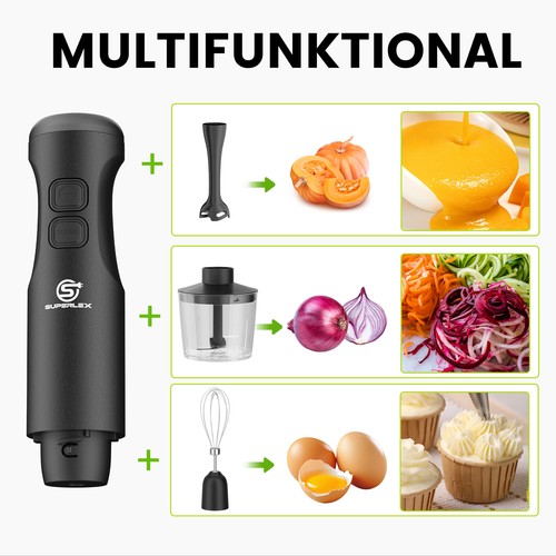 SUPERLEX Edelstah Pürierstab Stabmixer Set Handmixer 700ML Messbecher & Ei,Obst - Bild 3 von 12