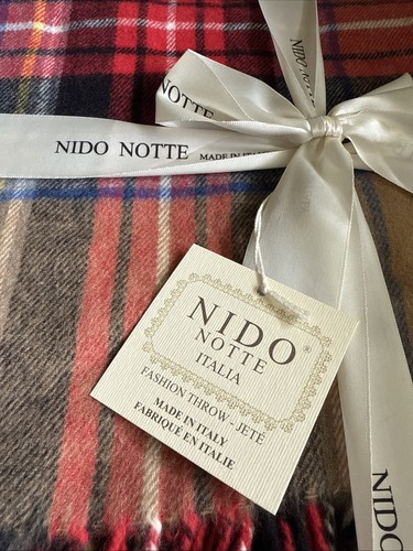 New Nido Notte Italia Plaid Throw Blanket In Box Tartan Tan Red 51”x 67” Italy - Picture 3 of 5